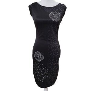 Desigual Size M Black Sheath Dress w/ Silver Studded Medallions & Leopard Print
